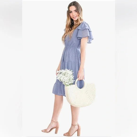Mikarose Blue Midi Dress with Ruffle Sleeves Baby Shower/Wedding Shower Dress! - Picture 2 of 8